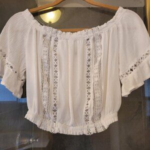 H&M Divided white off the shoulder crop blouse with floral lace cutouts